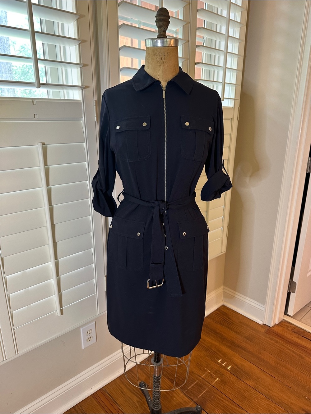 Michael Kors BlackZip-Front Shirt Dress with Tie Belt